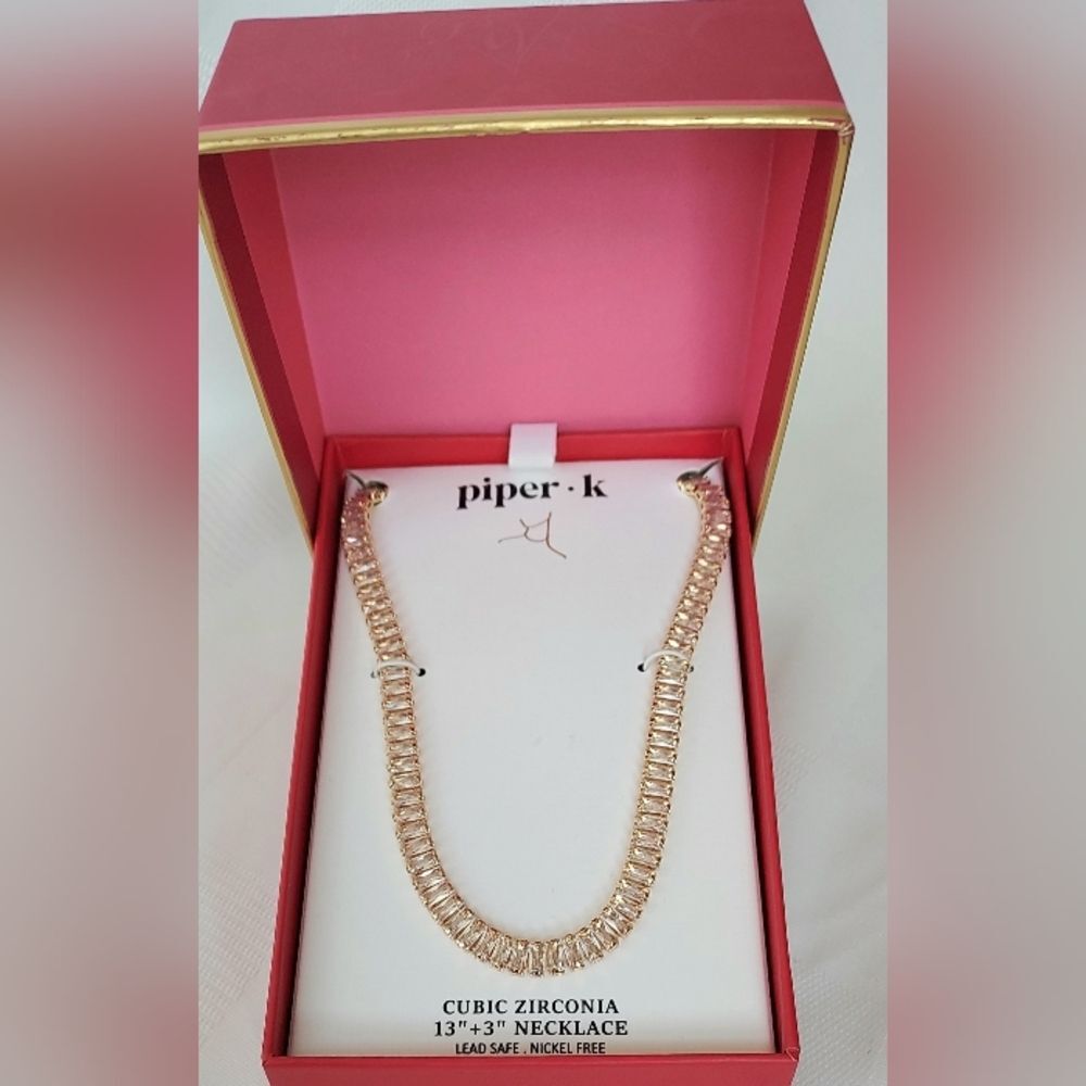 Piper k Gold Cubic Zirconia  Baqutte Style Tennis Chain Necklace NWT